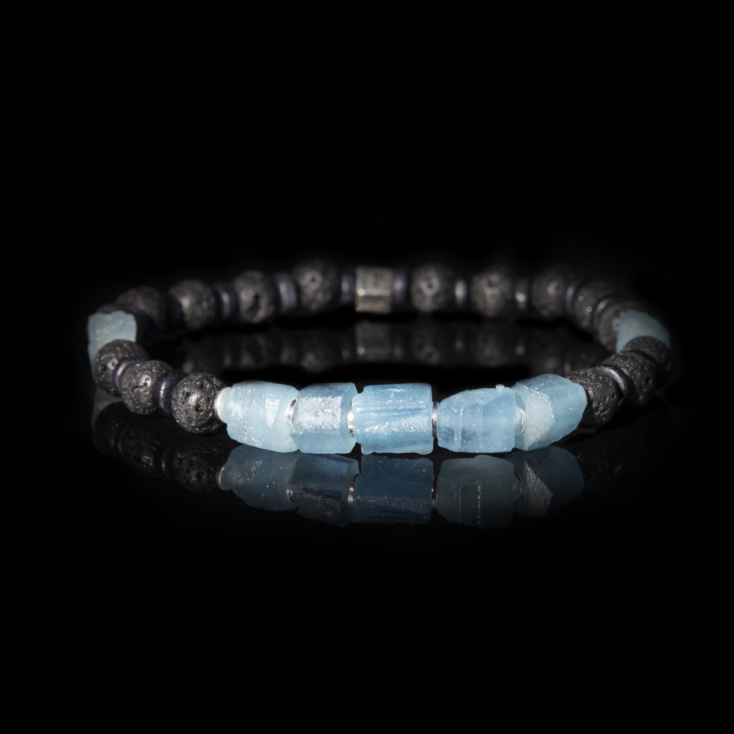 Bracciale Lava & Acquamarina Blu Santamaria Grezza 15 Ct 6 mm in Argento Sterling 925 – Statement Gioiello Artigianale