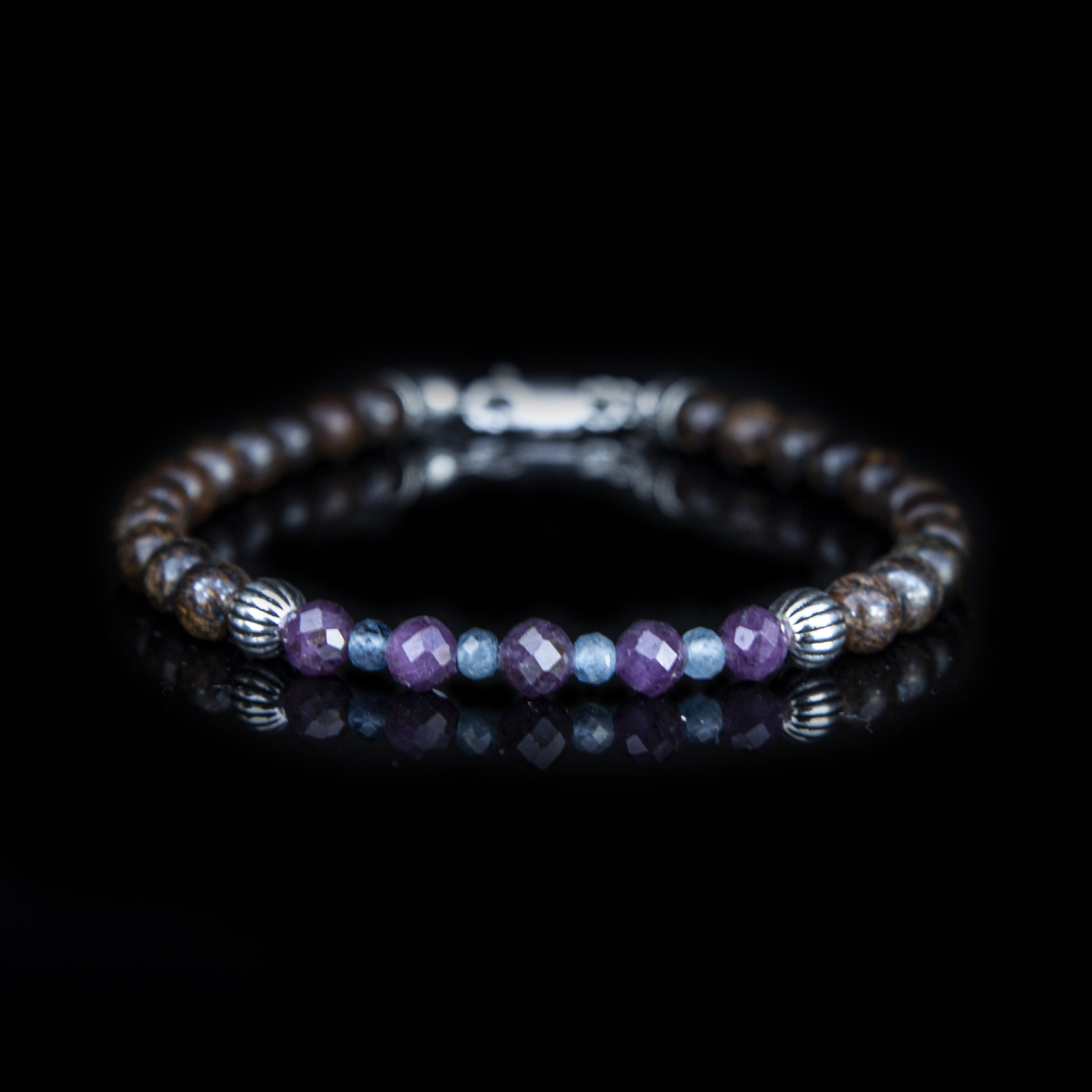 Bracciale Rubino, Bronzite e Acquamarina Santa Maria 6 mm in Argento Sterling 925 – Gioiello Artigianale Italiano Unisex