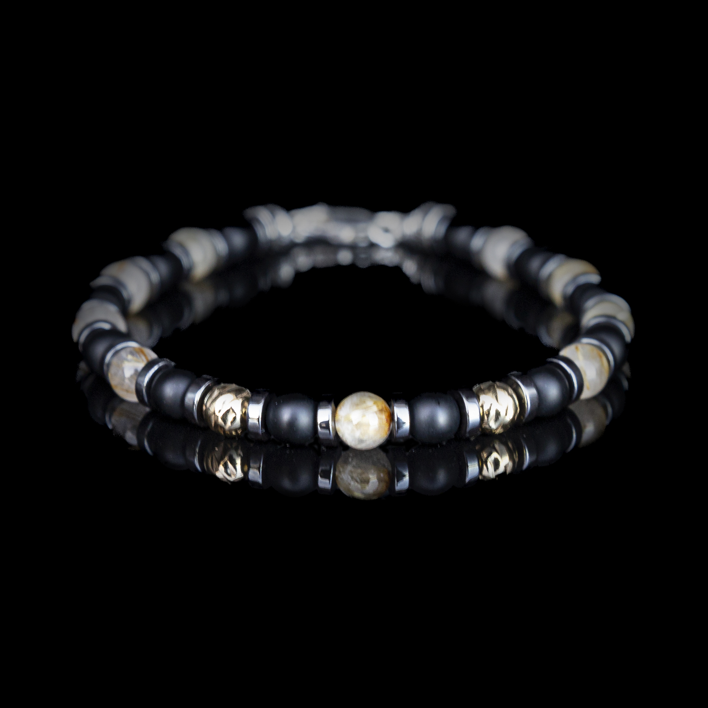 Bracciale Agata Nera Opaca e Quarzo Rutilato Oro 6 mm – Artigianato Italiano in Argento 925 Placcato Oro