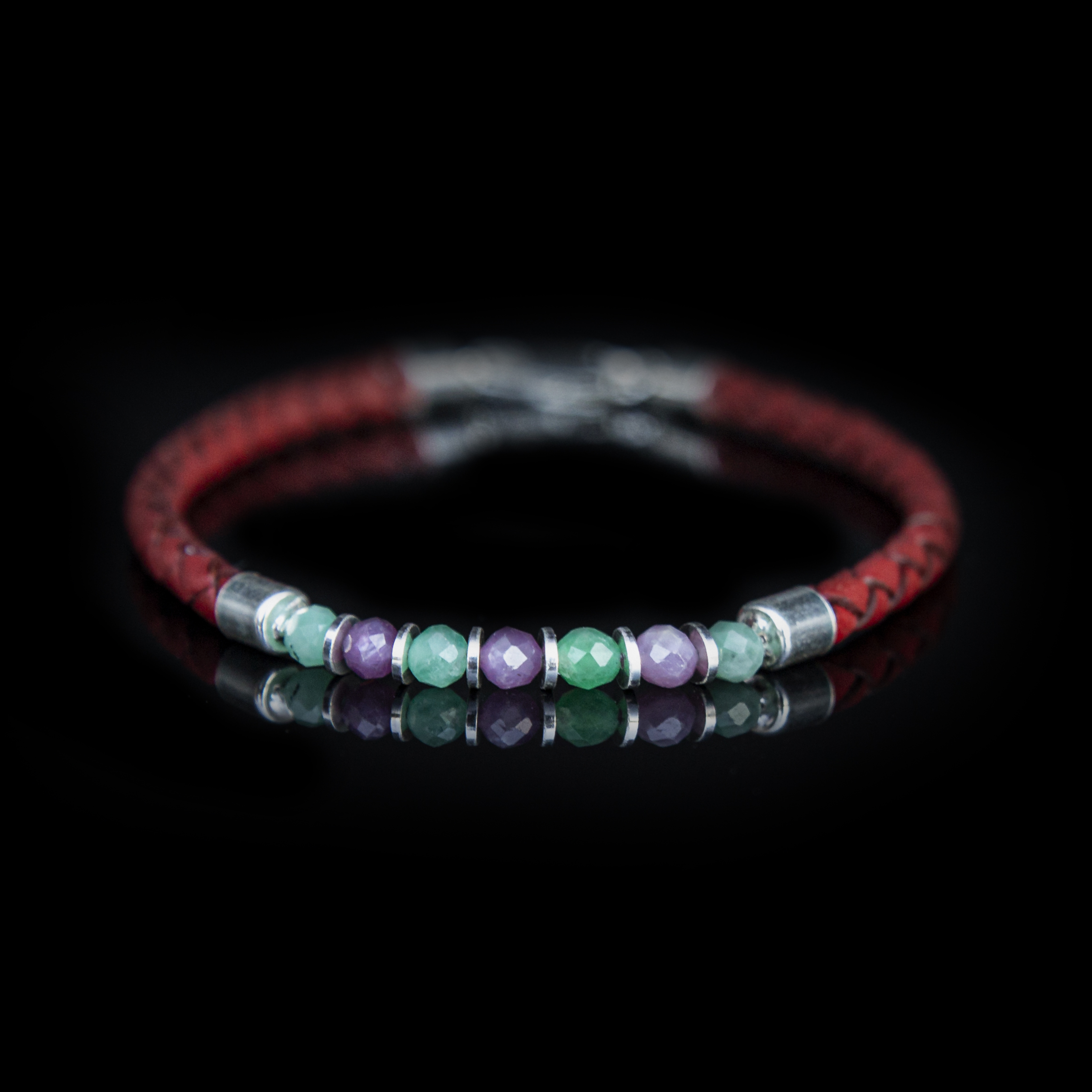 BRACCIALE PELLE BORDO’ – SMERALDO – RUBINO