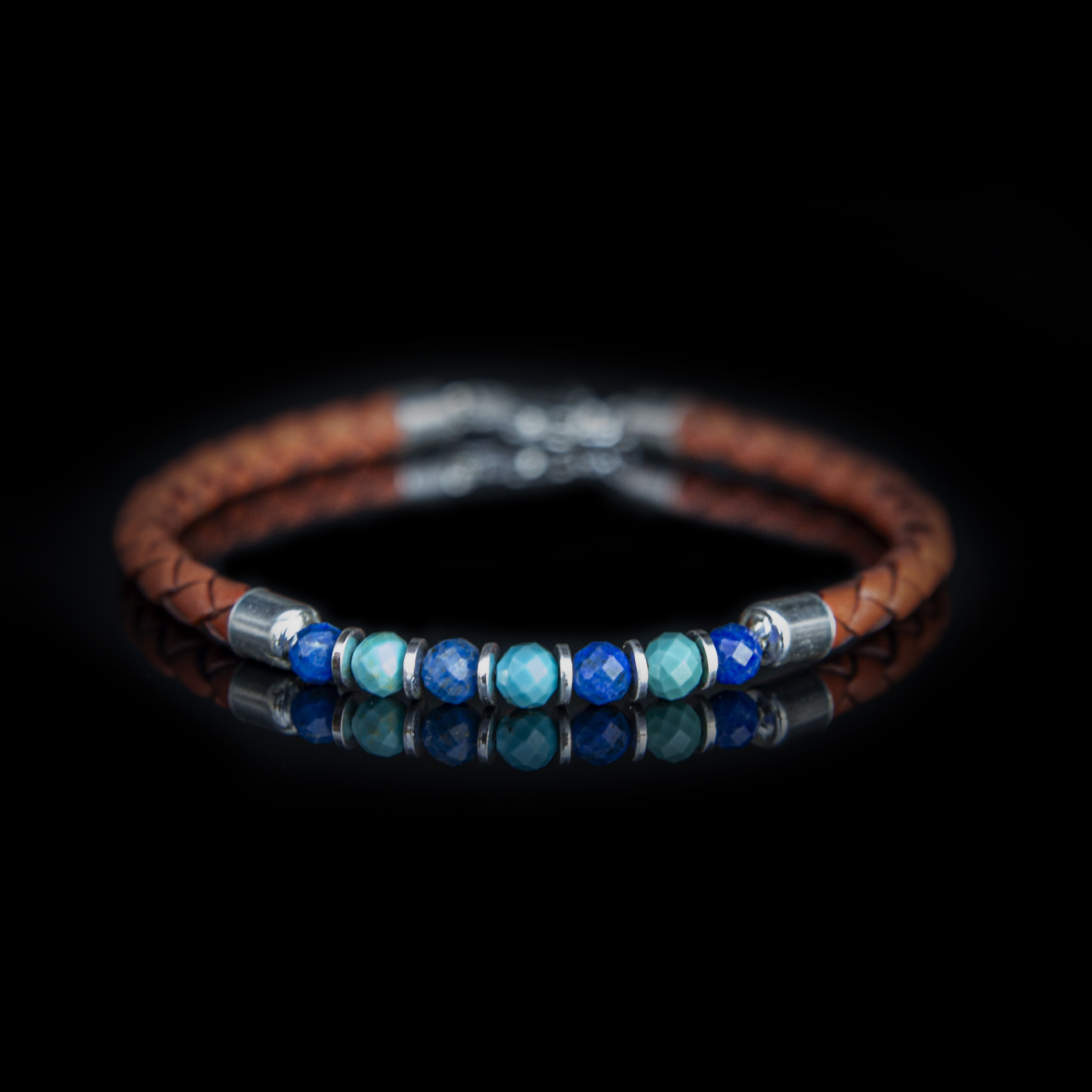 BRACCIALE PELLE ARANCIONE – TURCHESE – LAPISLAZZULI