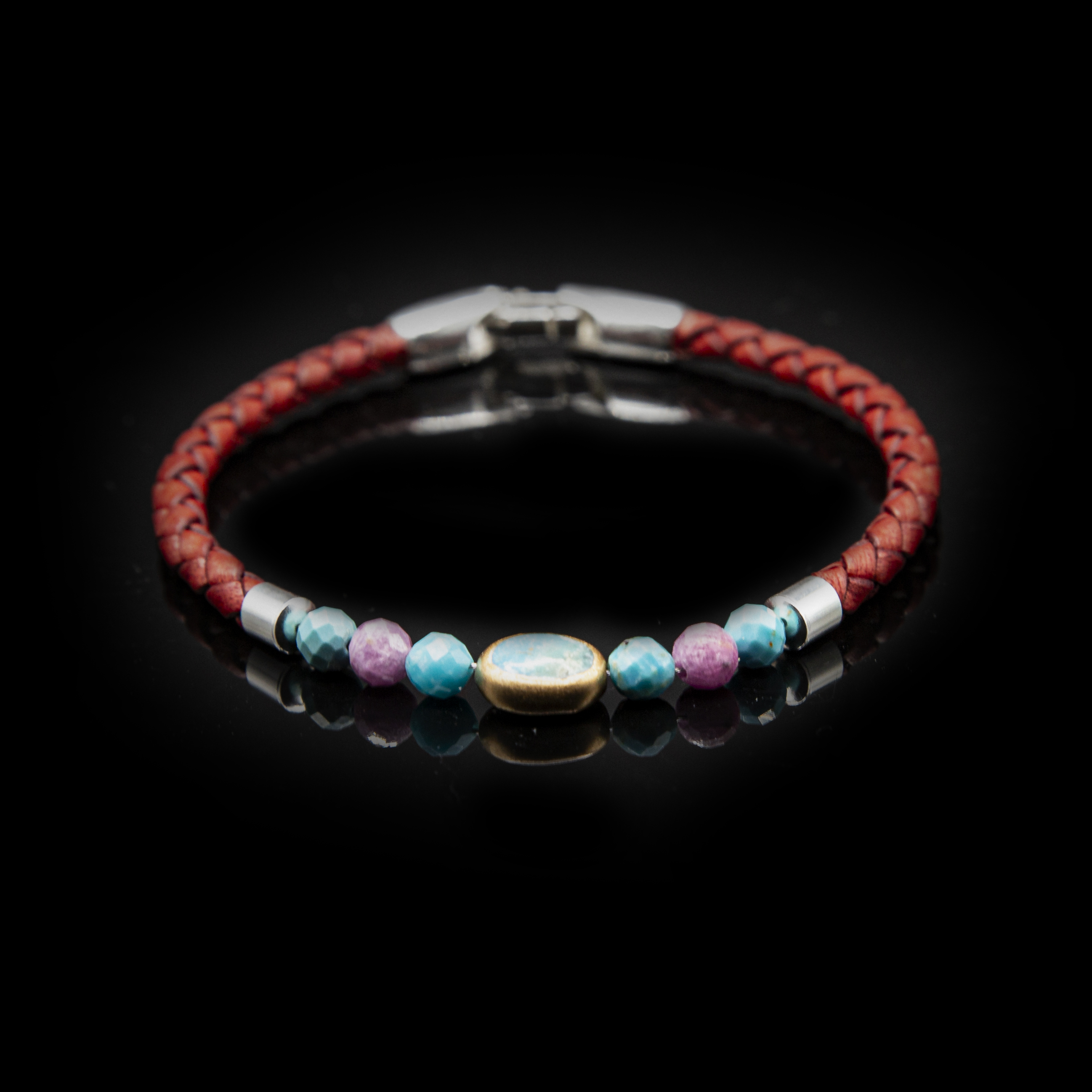 BRACCIALE PELLE – TURCHESE E RUBINO