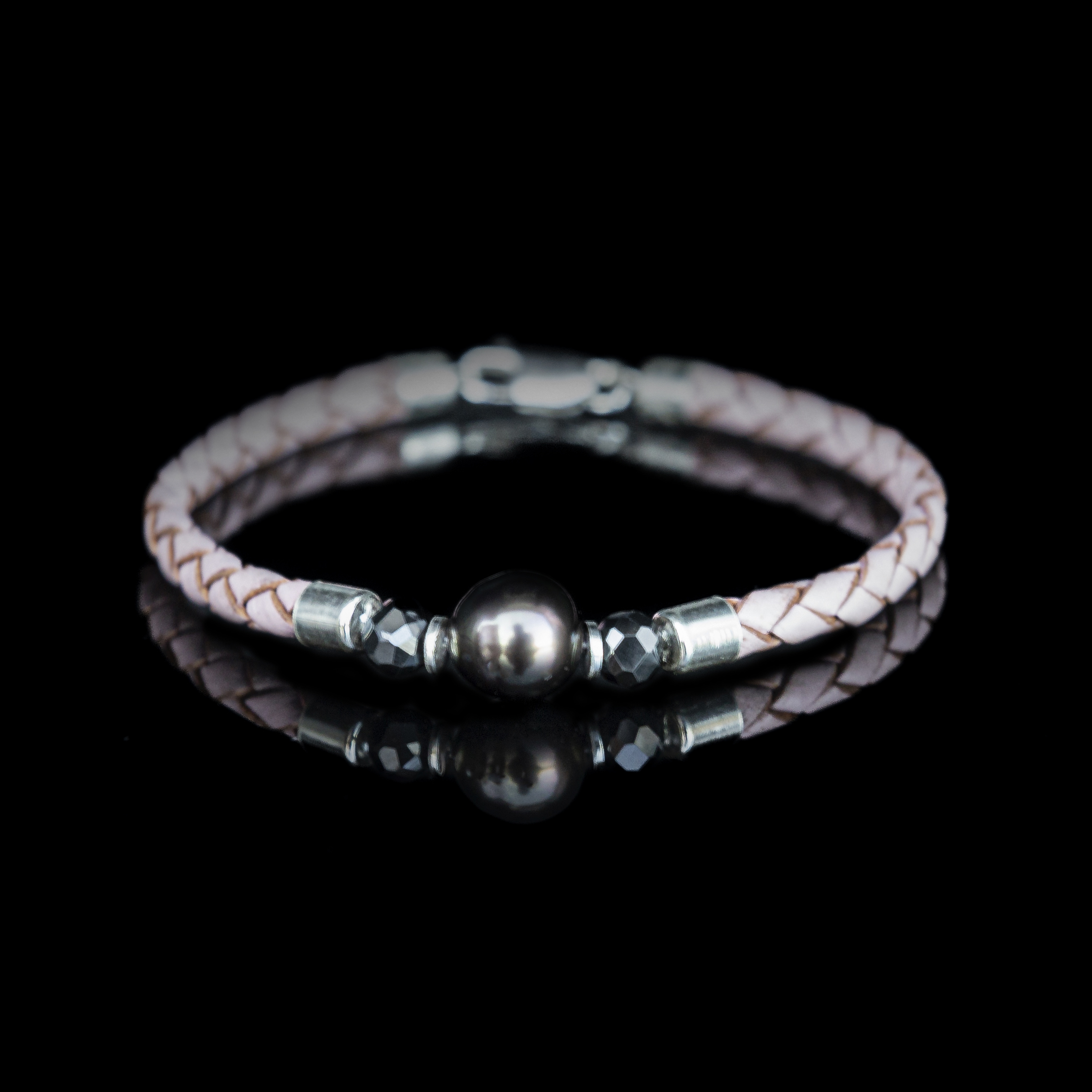 BRACCIALE PELLE - PERLE NERE DI TAHITI – DIAMANTE NERO