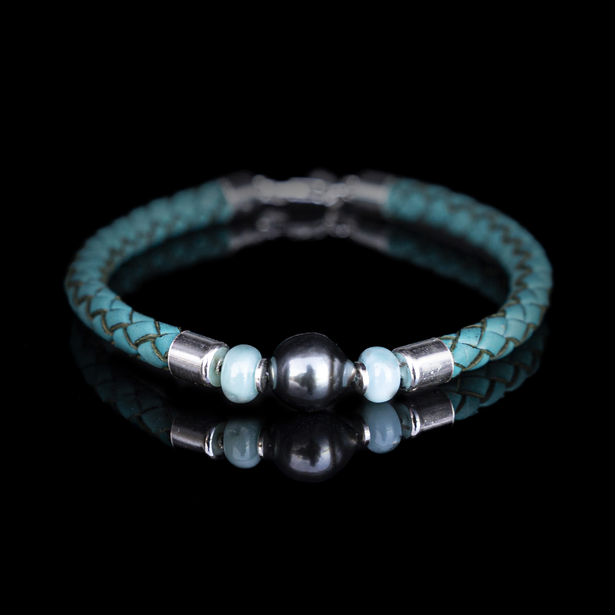 BRACCIALE PELLE – LARIMAR - PERLE NERE DI TAHITI
