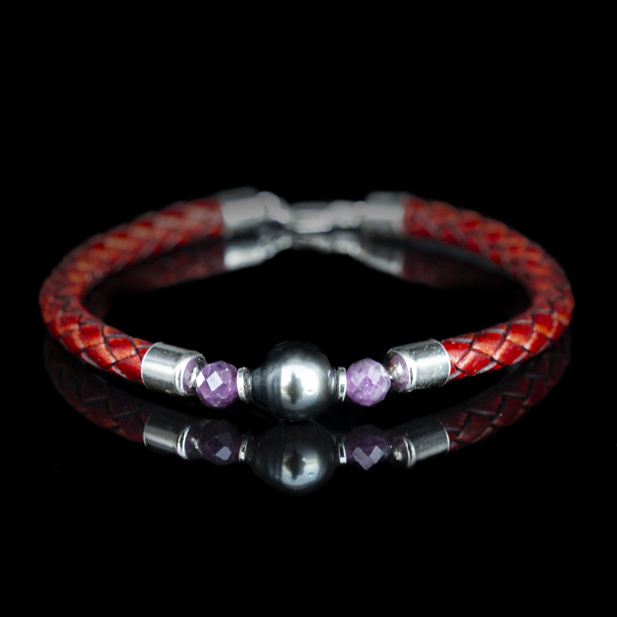 BRACCIALE PELLE – RUBINO - PERLE NERE DI TAHITI